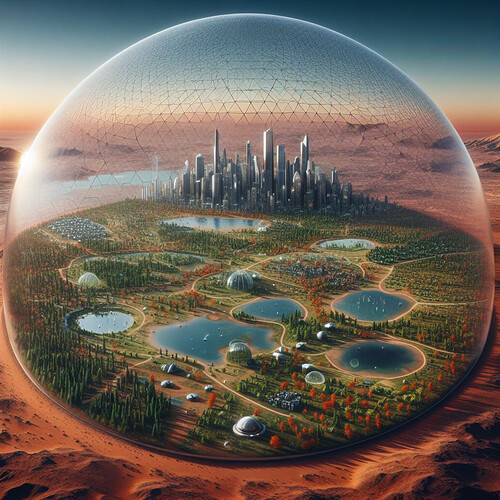 A_city_on_Mars_under_a_glass_dome_with_forests,_fields,_lakes